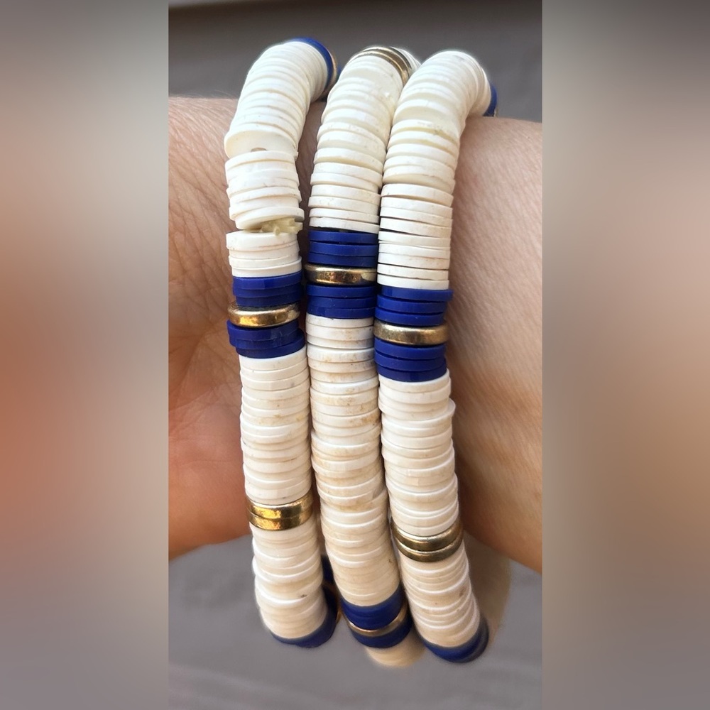 NWOT Set of 3 Canvas White and Blue Stackable Beaded Bracelets with Gold Accents